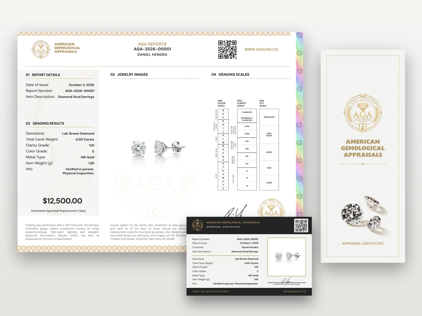 Sample AGA appraisal certificate suite: cover, inner report page and wallet card